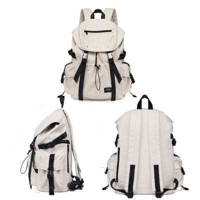 Durable beige backpack with multiple compartments and adjustable straps, ideal for travel, school, or outdoor activities. Features a sleek design suitable for everyday use.