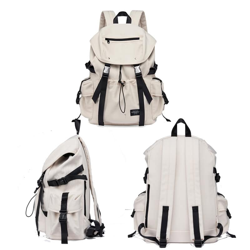 Durable beige backpack with multiple compartments and adjustable straps, ideal for travel, school, or outdoor activities. Features a sleek design suitable for everyday use.