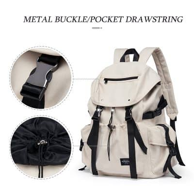 Durable beige and black backpack featuring metal buckle/pocket drawstrings, multiple compartments, and adjustable straps, ideal for school, travel, or outdoor adventures.