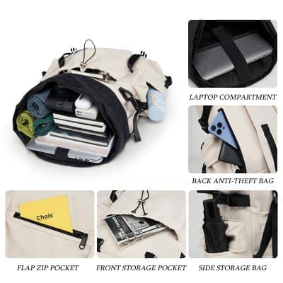Durable travel backpack with dedicated laptop compartment, anti-theft back pocket, multiple storage pockets, and side storage bag for secure organization and electronics protection.