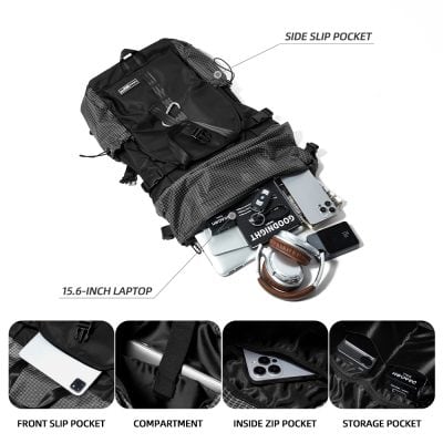15. alt text only: Durable black and gray travel backpack with multiple compartments, including a front slip pocket, inside zip pocket, and storage pocket, perfect for laptop and travel essentials.