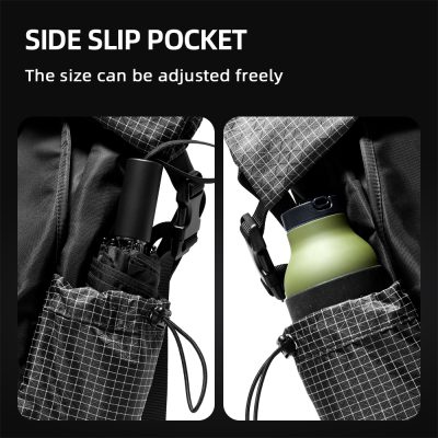 Lightweight side slip pocket for water bottle on Monalisa opt backpacks, adjustable storage for hydration and essentials.