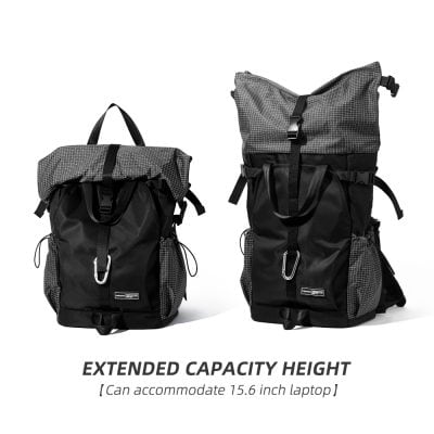 Durable black hiking backpack with adjustable straps and extended capacity for laptops up to 15.6 inches, featuring multiple compartments and safety clips for outdoor travel and daily use.