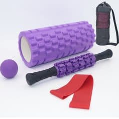 Enhanced foam roller for muscle recovery and therapy, gym resistance band, massage ball for workout recovery, fitness gear storage bag, and yoga resistance loop for exercise routines.
