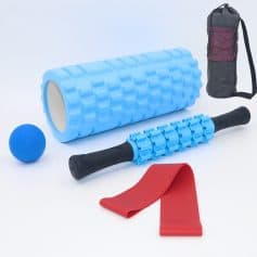 Foam roller with textured surface, exercise ball, resistance band, and carrying bag for physical therapy, muscle recovery, and fitness training at Monalisa Store.