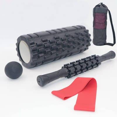 TriggerPoint foam roller massage therapy tools for muscle recovery and pain relief. Includes rolling stick, massage ball, resistance band, and carrying bag for fitness and physiotherapy.