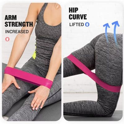 Resistance band arm and hip workout for increased strength and lifted hip curve, promoting fitness and toning with Monalisa Store exercise equipment.