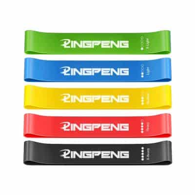 Ping Pung resistance bands set in green, blue, yellow, red, and black for fitness, strength training, and physical therapy. Durable, versatile workout accessories for all fitness levels.