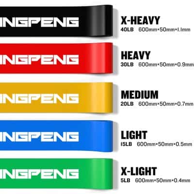 Bright-colored resistance bands from Monalisa Store, designed for strength training and physical therapy, featuring black, red, yellow, blue, and green options for various workout intensities.