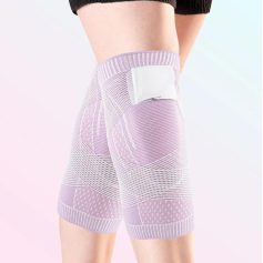Light purple medical compression shorts with knee pad support, designed for leg and knee injury recovery, offering comfort and enhanced circulation during physical activities or recovery process.