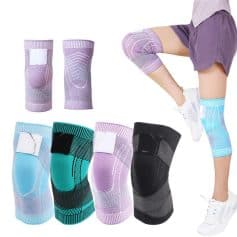Knee compression sleeves for injury recovery, sports protection, and support, available in purple, blue, black, and teal, designed for athletes and active individuals.