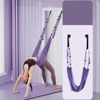 Suspended aerial yoga hammock for flexible stretching and fitness training at Monalisa Store, ideal for enhancing core strength and mobility. Glorious purple hammock with adjustable straps for a professional workout experience.