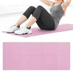 Pink exercise yoga mat for home workouts and fitness routines. Durable, cushioned, non-slip surface, ideal for yoga, pilates, stretching, and general fitness activities. Perfect for all skill levels.