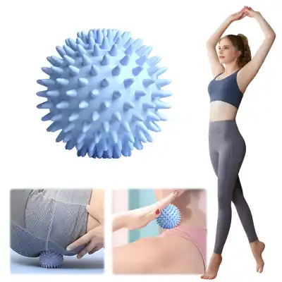 Spiky blue massage ball for muscle relief and physical therapy, ideal for pain management, trigger point therapy, and improving flexibility in fitness and wellness routines.