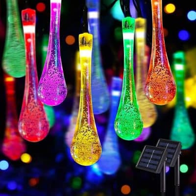Bright colorful solar-powered LED droplets hanging lights for outdoor or decorative illumination in gardens and patios.