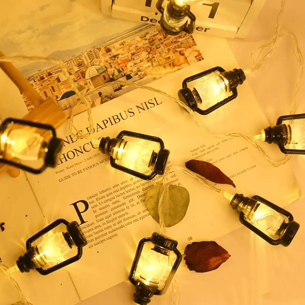 Illuminated decorative string lights arranged on an open book with dried leaves, creating a warm and cozy ambiance perfect for home decor or photography styling.