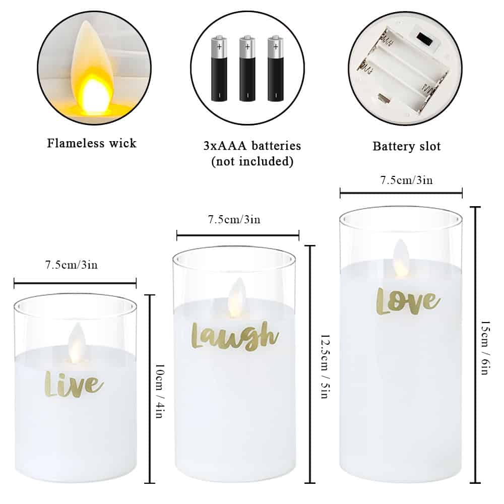 Soft flameless LED candles with "Live," "Laugh," and "Love" inscriptions, battery-operated, perfect for home decor and gift ideas. Includes candle wick, battery slot, and requires 3 AAA batteries (not included).