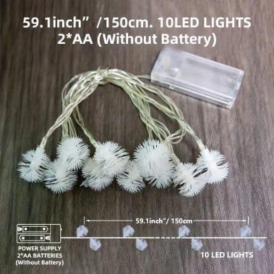 Elegant 10 LED string lights with white floral covers, 59.1-inch/150cm length, powered by 2xAA batteries (not included), ideal for home decor, parties, and festive occasions.