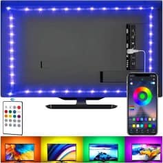 Wireless LED-lit smart TV with remote control, compatible with mobile app for customizable lighting effects and color therapy, ideal for modern wellness and relaxation in Monalisa Store.