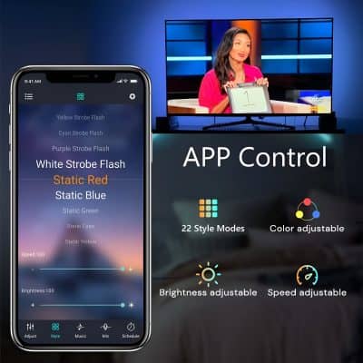 White strobe flash light control app on smartphone for optometry and vision care solutions with adjustable speed and brightness.