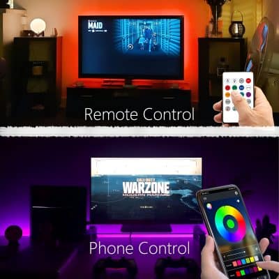 Remote control for smart LED TV with color-changing backlighting, ideal for home entertainment and gaming setups.