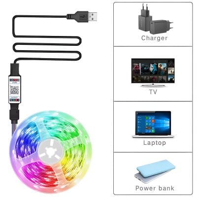 RGB LED strip light with USB connector, perfect for home decor and lighting applications. Compatible with chargers, TVs, laptops, and power banks for versatile use.