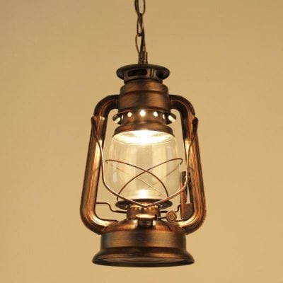 Antique oil lantern with a rustic finish, perfect for vintage home decor or outdoor lighting. Features a glass chimney and metal handle for classic aesthetic.