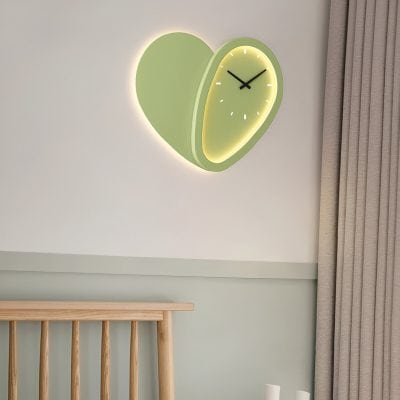 Vibrant green heart-shaped wall clock with modern design, wall decor for living room or bedroom, illuminated clock for stylish home interior, Monalisa Store.