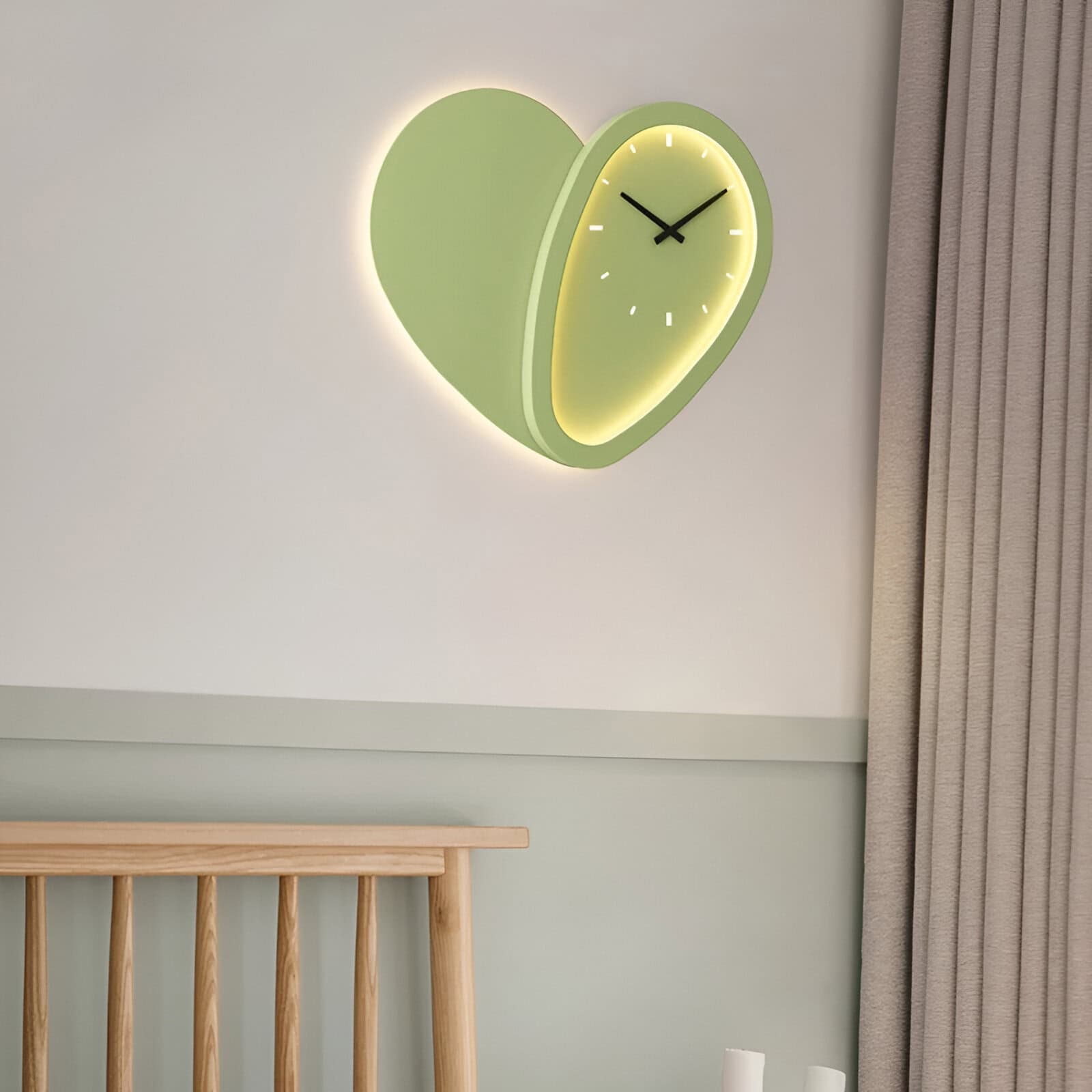 Vibrant green heart-shaped wall clock with modern design, wall decor for living room or bedroom, illuminated clock for stylish home interior, Monalisa Store.