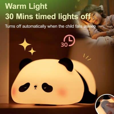 Soft panda-shaped children's night light with 30-minute timer, automatic turn-off, warm LED glow, ideal for kids' bedrooms to promote sleep and relaxation.