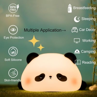 BPA-free panda-shaped night light with multifunctional uses for home decor, reading, sleeping, camping, and working, designed for gentle, skin-friendly illumination.