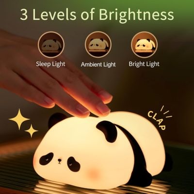 Soft glowing panda-shaped night light with adjustable brightness levels ideal for children's rooms and bedside decor.