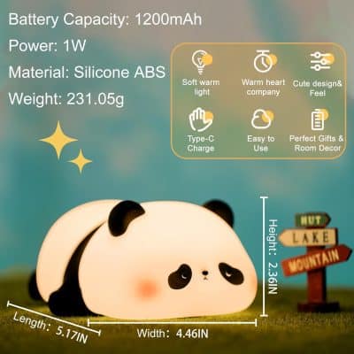 Battery-powered panda night light with soft warm illumination, cute design, and easy-to-use features for children’s bedrooms and gift-giving. Made of silicone ABS, lightweight, and portable.