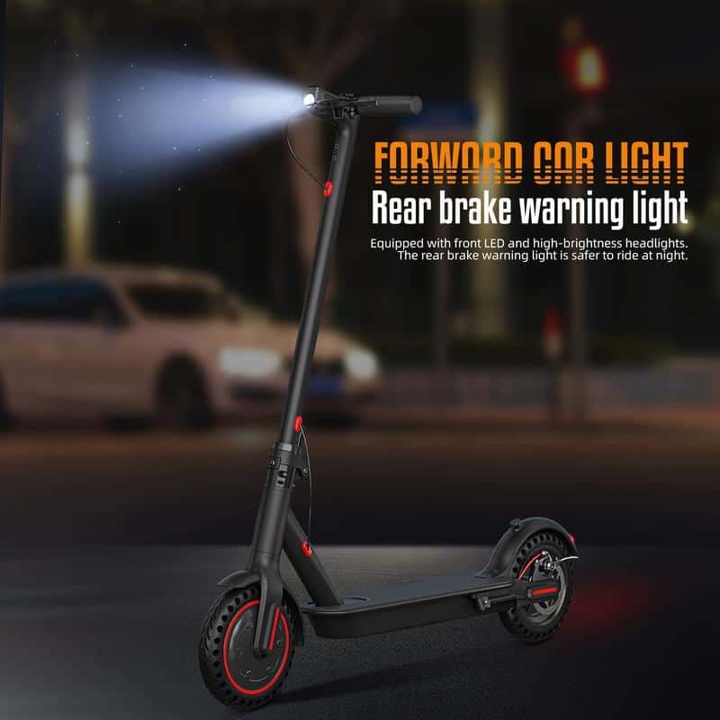 Folding electric scooter rear brake warning light, LED front lights, high-brightness headlamp for safe night riding.
