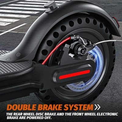 Electric scooter rear wheel with disc brake system for enhanced stopping power, featuring dual brake system with electronic front brake and rear wheel brake for safe urban commuting.