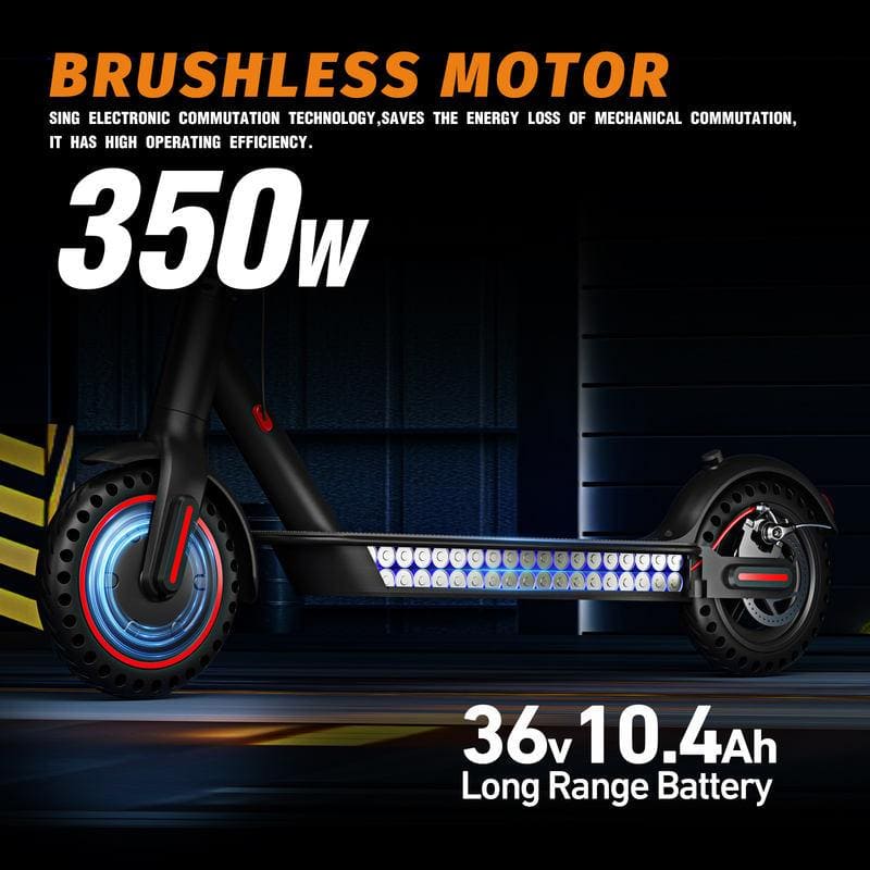 350W brushless motor electric scooter with high efficiency and energy-saving design, long-range 36V 10.4Ah battery, ideal for urban commuting.