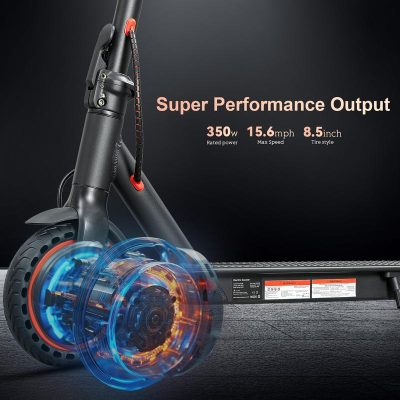 High-performance electric scooter with 350w rated power, max speed 15.6 mph, 8.5-inch tire style, sleek design for urban commuting, durable build, Monalisa Store.