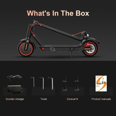 Electric scooter with accessories and tools for assembly, highlighting the package contents and product manual from Monalisa Store.