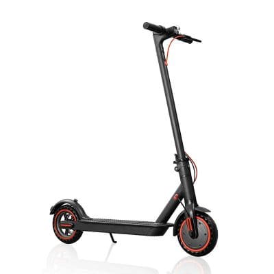 Electric scooter with sleek black and red accents, ideal for urban transportation and eco-friendly commuting. Designed for convenience, style, and performance. Perfect for quick trips around the city.