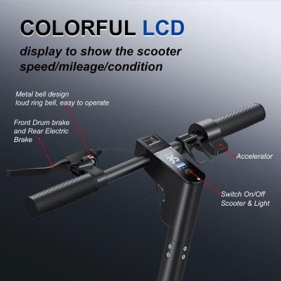 Colorful LCD display showing scooter speed, mileage, and condition with metal bell, electric brakes, and easy-to-operate controls for an enhanced riding experience.