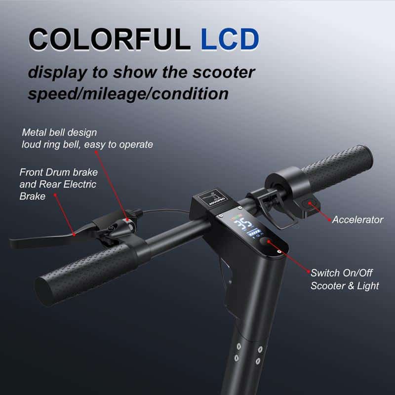 Colorful LCD display showing scooter speed, mileage, and condition with metal bell, electric brakes, and easy-to-operate controls for an enhanced riding experience.