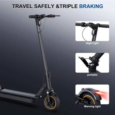 Electric scooter with foldable design, LED night light, and safety features including warning lights, perfect for urban commuting. Compact and portable for convenient travel.