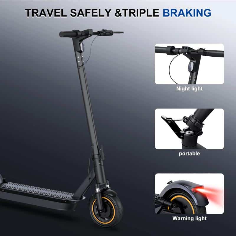Electric scooter with foldable design, LED night light, and safety features including warning lights, perfect for urban commuting. Compact and portable for convenient travel.