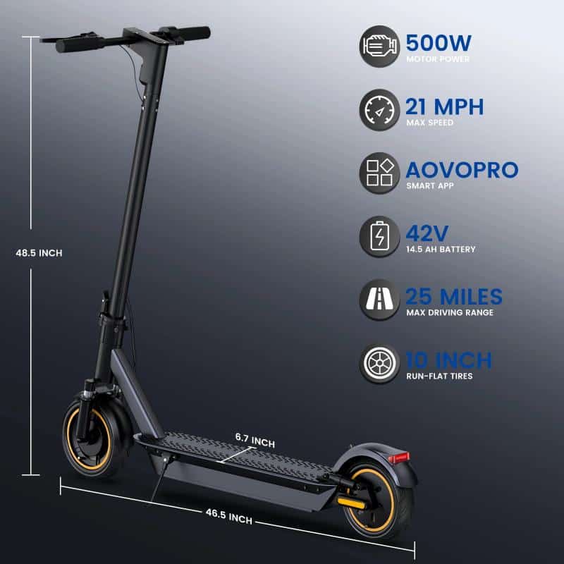 Electric scooter with 500W motor, 21 MPH max speed, and 42V battery, featuring AOVOPRO smart app, 25-mile range, 10-inch run-flat tires, and foldable design for easy transportation.