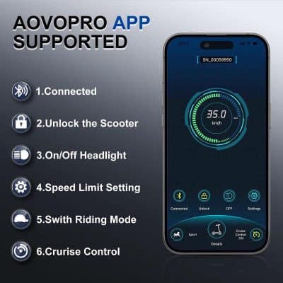 Connected Bluetooth scooter app interface showcasing speed settings and control features.