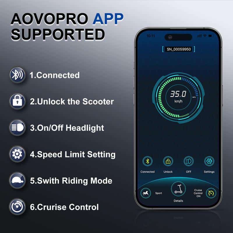 Connected Bluetooth scooter app interface showcasing speed settings and control features.