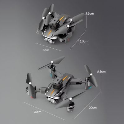Drone with foldable arms and compact design, ideal for aerial photography and videography, featuring precise dimensions for portability and performance.