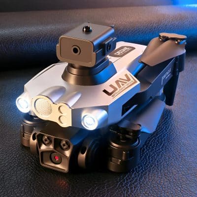 Micro drone with high-resolution camera, compact design, and LED lights for surveillance and photography.