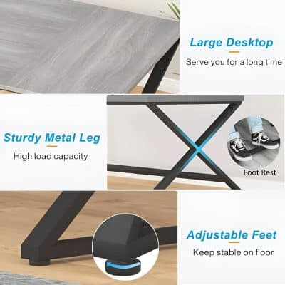 Sturdy black metal desk legs with adjustable feet for stability on the floor.