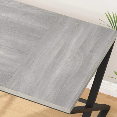 Sleek light gray wood dining table with black metal legs, modern minimalist design, perfect for contemporary homes and kitchens, durable and stylish for everyday use.